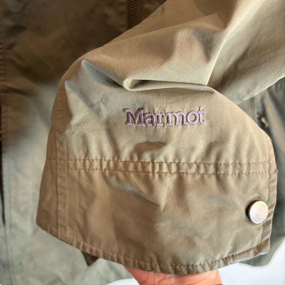 MARMOT Sz L Rain Coat Parka Olive with Purple Lining Retractable Hood Pockets - Picture 5 of 9